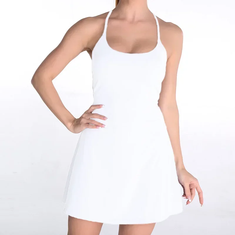 Ladies Sexy One Piece Yoga Tennis Dress Pads Sling Backless Athletic Gym High Elastic Quick Dry Running Skirt