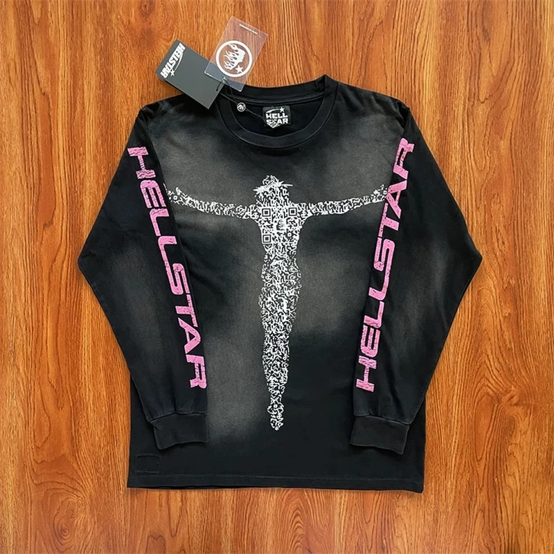 

2023 New HELLSTAR Brain HelmetClassic Tee Washed Old High Quality 1:1 Men's and Women's Long Sleeve T-shirt