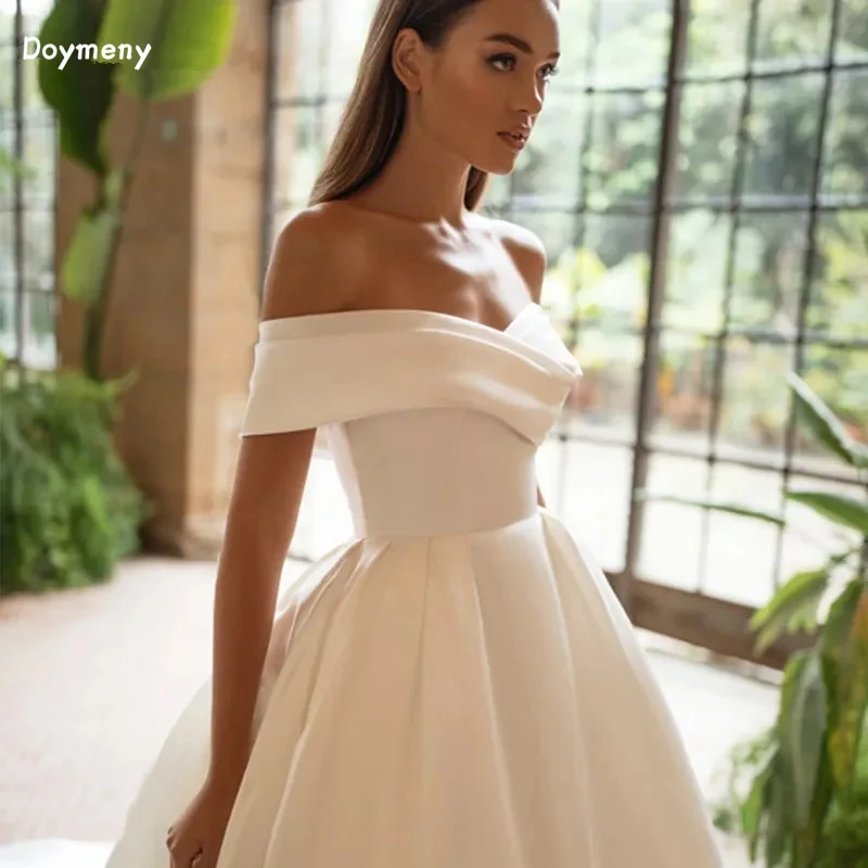 

Doymeny Off The Shoulder Wedding Dresses Bride Gown A-line Bridal Gowns Satin Sweep Train with Button Back Vestido De Novia