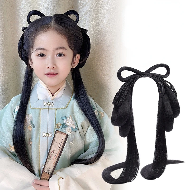 Long Hanfu Wigs Headwear girl Chinese Style vintage wig Modelling Girls Stage Performance Traditional Cosplay Costumes Headgear