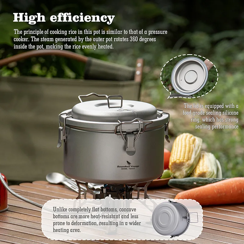 Boundless Voyage Titanium Camping Topf 3,2 l Multifunktionsherd Ultraleichter Reiskocher für Outdoor, Wandern, Reisen – Detail 7