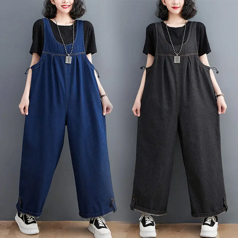 

2023 Summer Large Size Denim Suspenders Overall Pants Women's Loose Straight Sling Jumpsuit Women Wide Leg Strap Jeans Z630