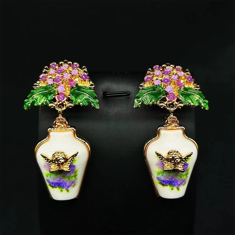 

Vintage Women's earrings A Bouquet Of Flowers Cute Sleeping Angel Vase Shaped Stud Earrings Palace Enamel Flower Earrings