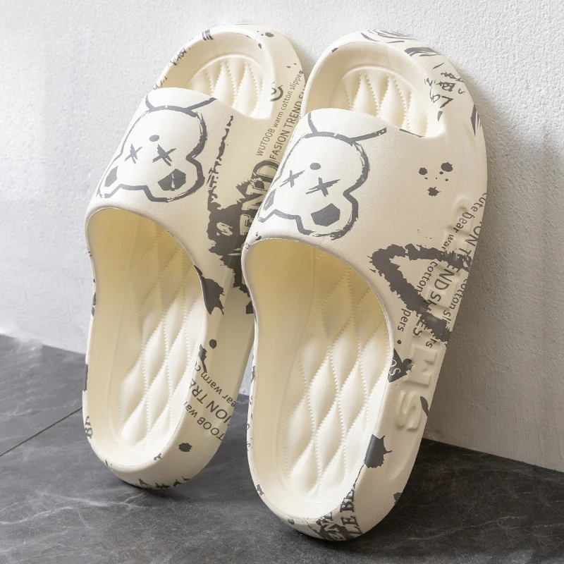 Fashion Summer Cartoon Bear Men Home Shoes Gent Non-slip Soft Indoor Slides Lithe Cosy Sandals Couple Slippers Women Flip Flops flip flops cushioned slippers eva slippers summer slippers house shoes summer sandals