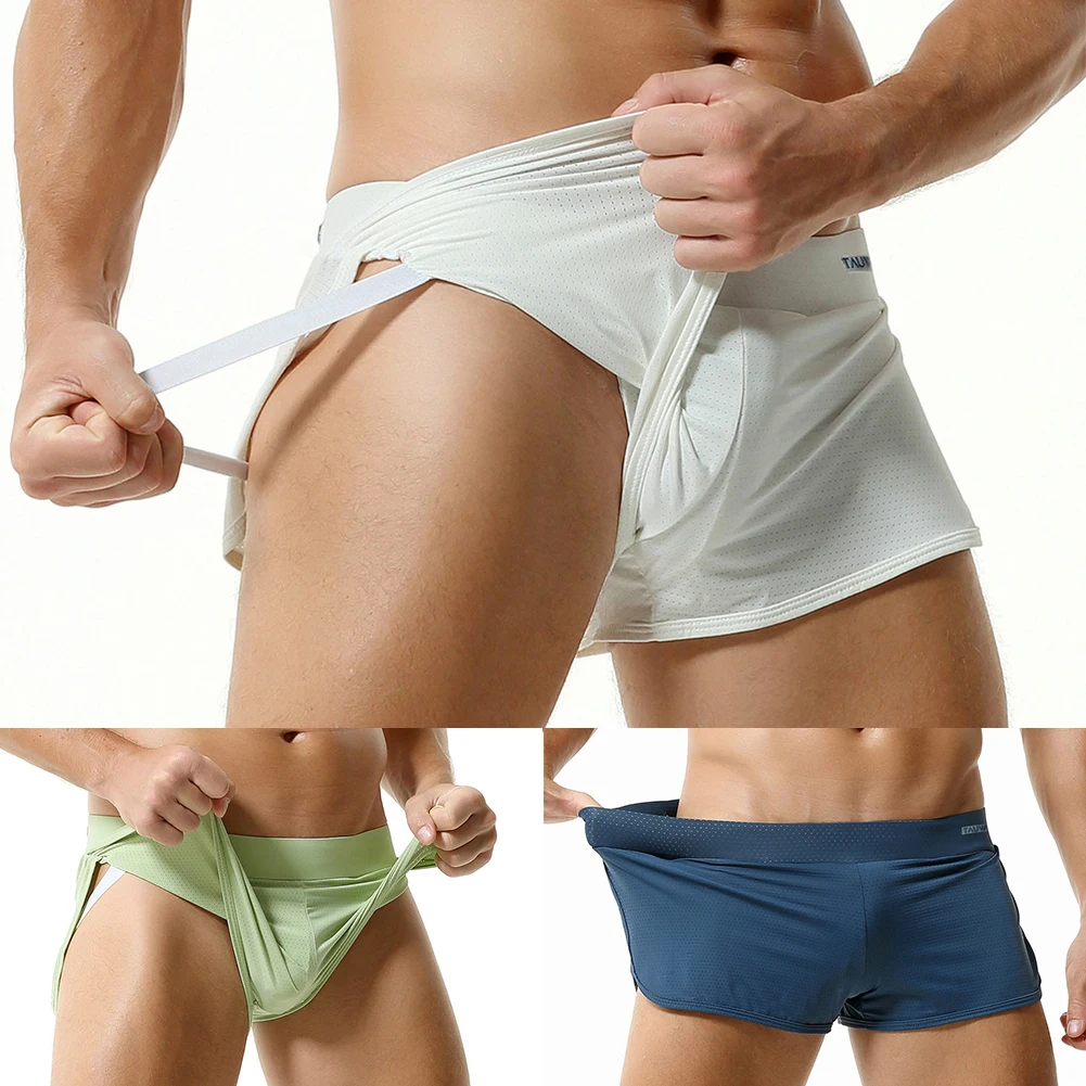 Men Side Split Pajamas Bottom Underwear Silky Mesh Boxer Shorts