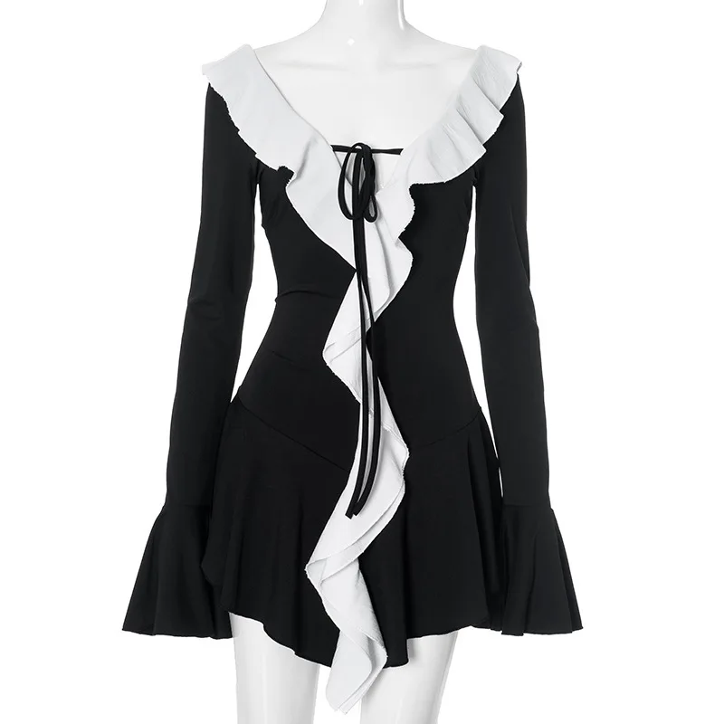 JULISSA MO Patchwork Sexy Cuello en V profundo Volantes Vestido de mujer Negro Manga larga Con cordones Vestido femenino Otoño Slim Elegante Ropa de calle