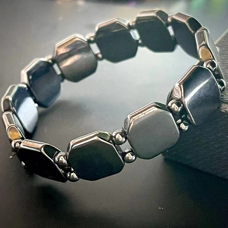 New Unisex Weight Loss Octagon Geometry Black Stone Magnetic Therapy Bracelet Health Care Magnetic Hematite Stretch Bracelets