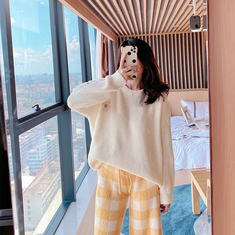 Thick Home Clothes Suit Coral Fleece Pajamas Set Women Winter Ins Soft Cute Print Plaid Internet Celebrity Influencer Loungewear