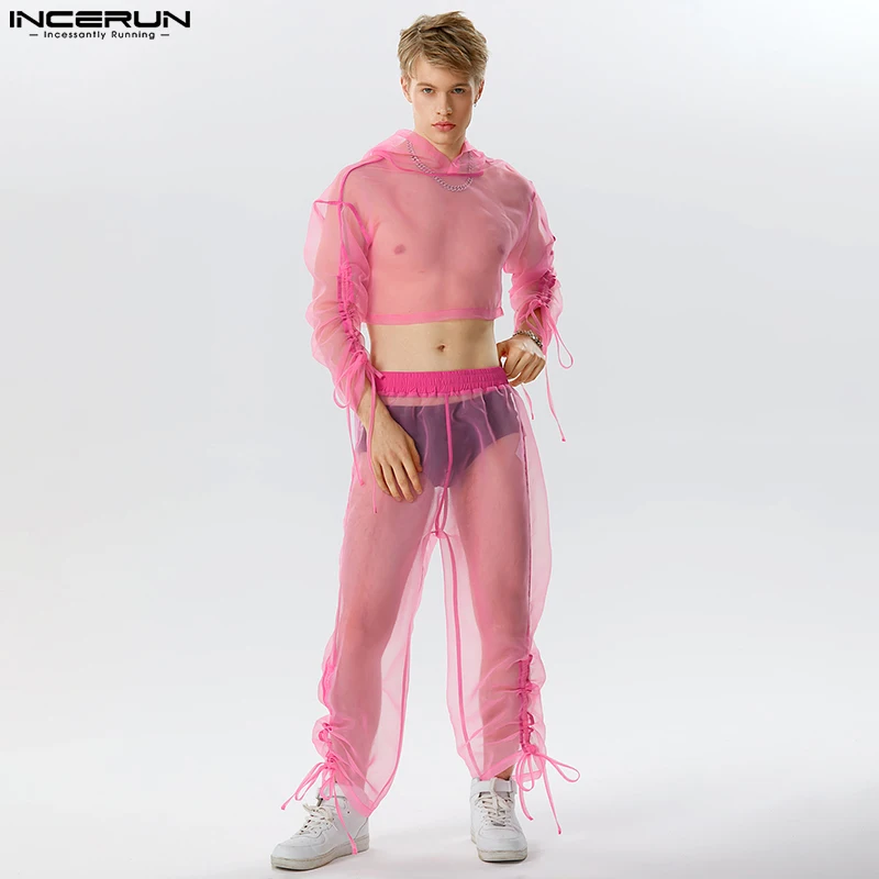

American Style Sexy Men Sets See-through Mesh Pleated Hooded Long Sleeved Top Pant Casual Thin Two-piece Sets S-5XL INCERUN 2023