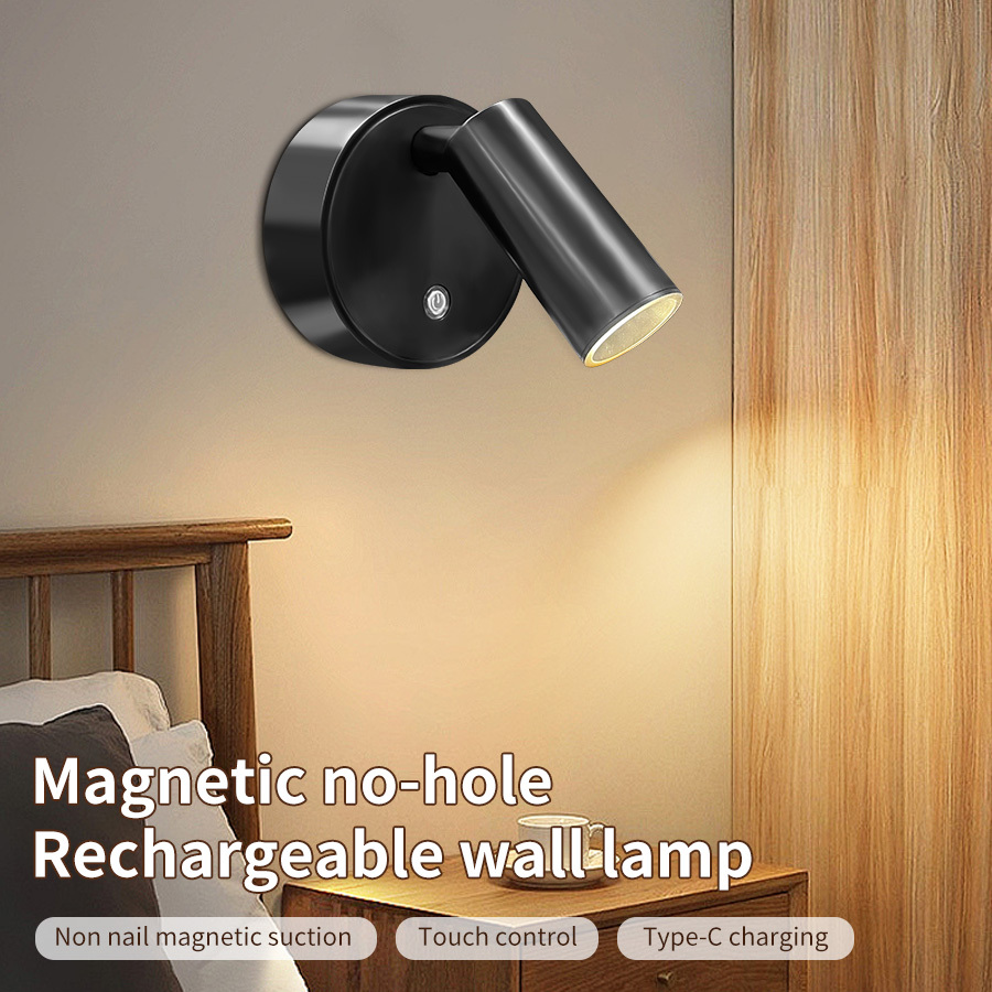 Rechargeable LED Spotlight Touch Switch Magnetic Wireless Wall Lamp 360° Rotation 3 Colors Dimmable Bedroom Bedside Light