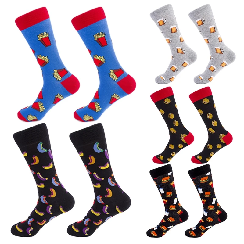 

5 Pairs Mens Novelty Funny Food-Themed Socks Colorful Cartoon Chips Beer Hamburger Printed Casual Cotton Hosiery