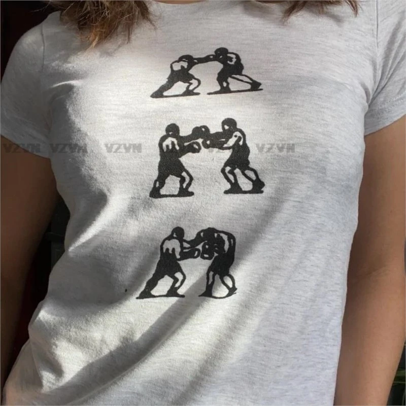 

2000s Fighter Print Gothic Baby Tee Aesthetic Vintage Girls Streetwear Short Sleeve Slim Punk Retro Y2k Crop Tops
