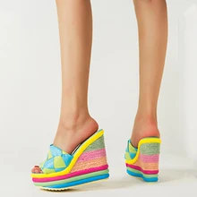  Summer Woman New Platform Wedge Sandals For Women's 2022 With Lovely Ainbow Color Weave Fish Mouth High Heels Shoes 
