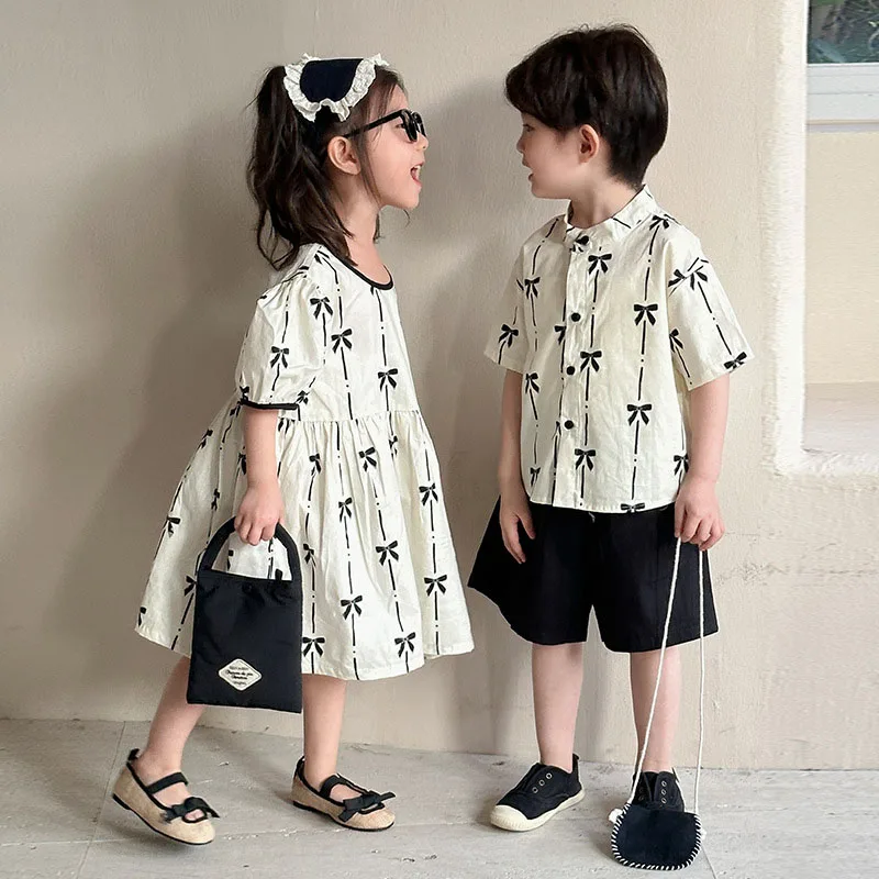 MILANCEL New Spring Kids Clothes Set 1-9T Girls Cute Bow Short Sleeved Dress Children Outwear Boys 2PCS Outfits