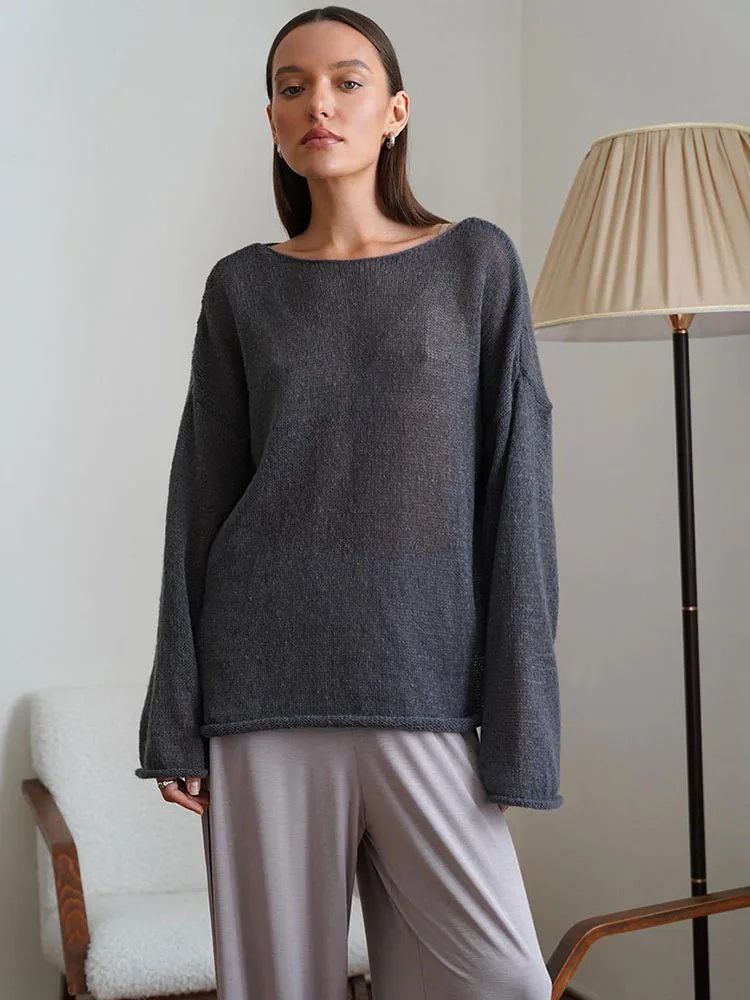 Knitted Round Neck Hollow Pullover Top Women's Summer Fashion Casual Loose Pullover Long Sleeve Streetwear Top Pullover