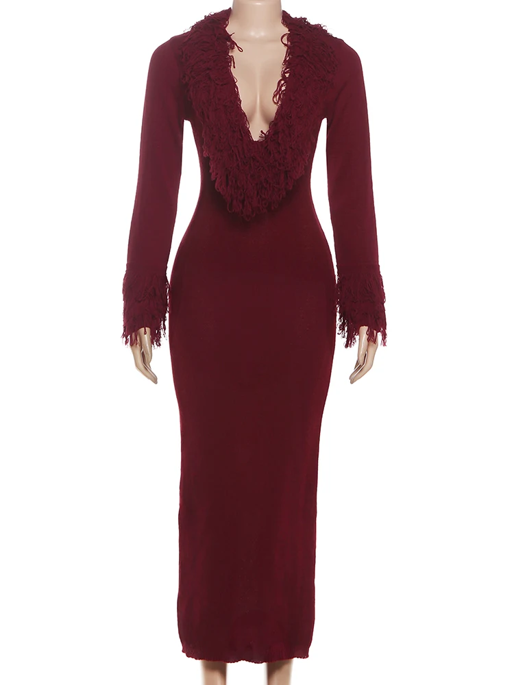 Nibber  Full Sleeve Fashion Furry Tassel Maxi Dresses Woman Crochet Low-Neck Elegant Skinny High Waist Street Classic Vestidos