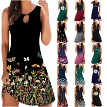 Robe de plage rétro sans manches pour femmes, col rond, bouton, sexy, motif floral, décontracté, été, 22 