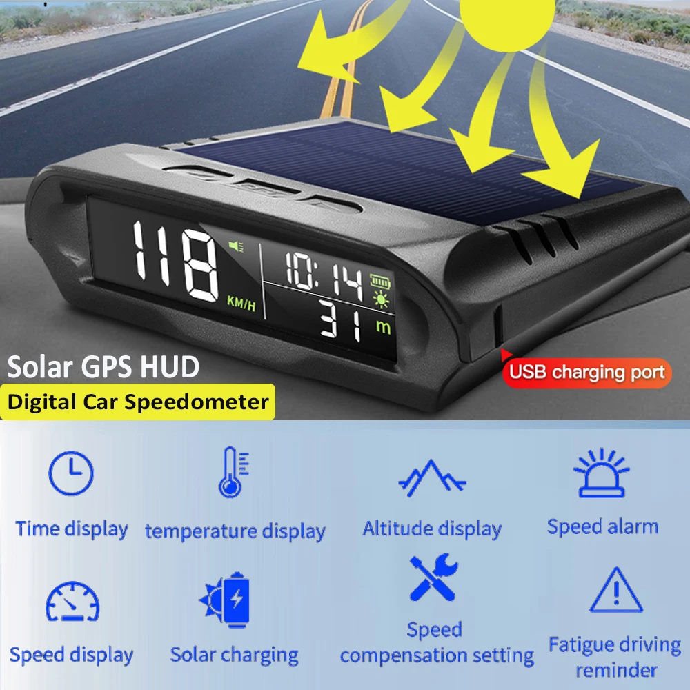 Head Up Display Obd2 Hud Projector Obd2 Hud Display Dashboard Display Screen Solar Digital Car HUD GPS Head Up Display Auto Speedometer Over-Speed Fatigued Driving Reminder Car Clock Temperature Show