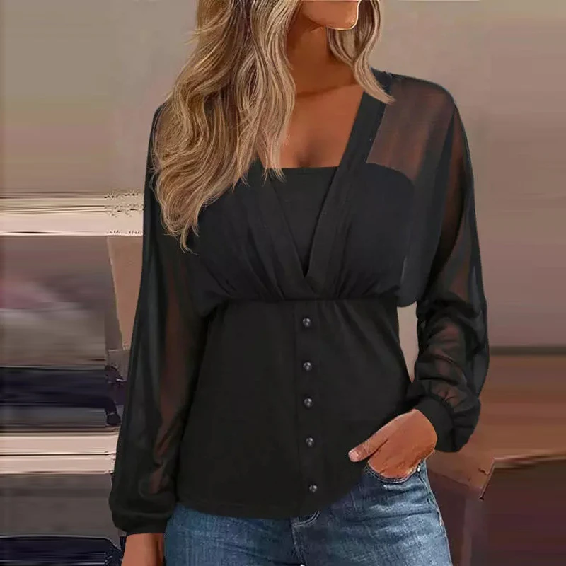 

Женская шифоновая блузка с V-образным вырезом и длинным рукавом