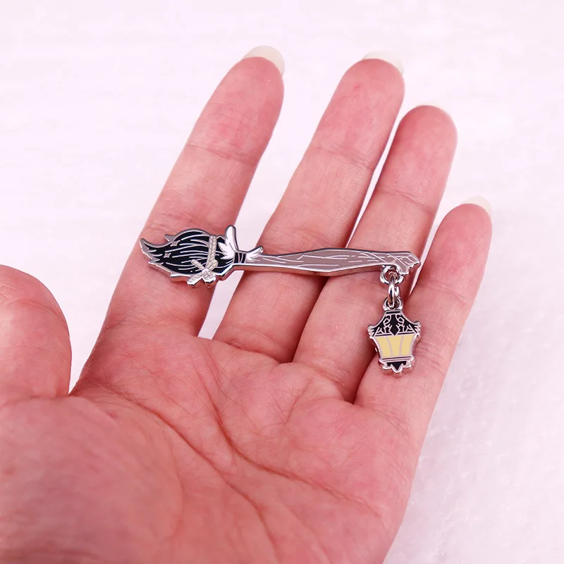 Creative Magic Flying Broom Lamp Enamel Brooch Pins Q Cosplay Prop Badge Jewelry Backpack Clothing Corsage Lapel Pin Accessory anime brooches,game brooch