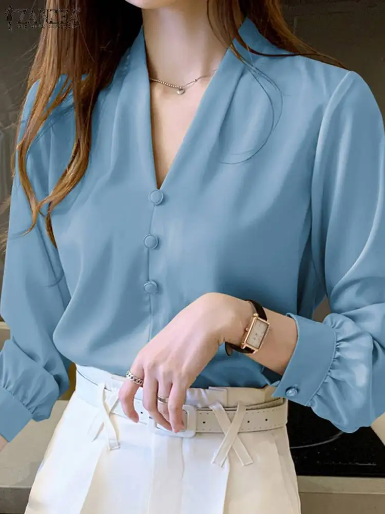 

ZANZEA Elegant OL Satin Blouse Woman Long Sleeve V-Neck Tops Autumn Fashion Solid Color Shirt Female Vintage Party Blusas 2023