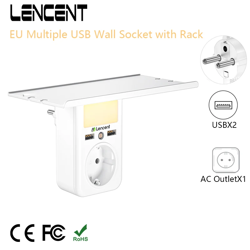 LENCENTEU Multiple USB Wall Socket with Rack 1 AC Outlets 2USB Ports Charger Adapter with Adjustable Nigh Light for Home/Office