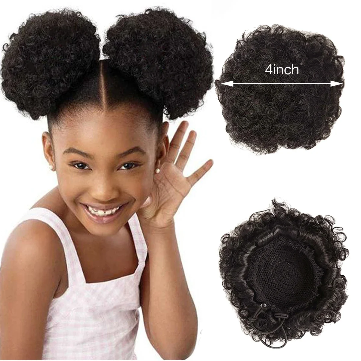 4 Inch Children Puff Afro Short Kinky Curly Human Hair Bun Drawstring Ponytail Hair Extension Hairpieces For child