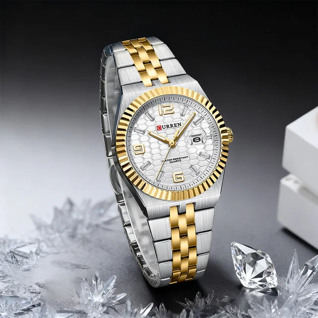 CURREN Women's Watch New Two- Tone Bracelet Quartz Wristwatch with Luminous Hands Luxury Shiny Dial with Stainless Steel Band