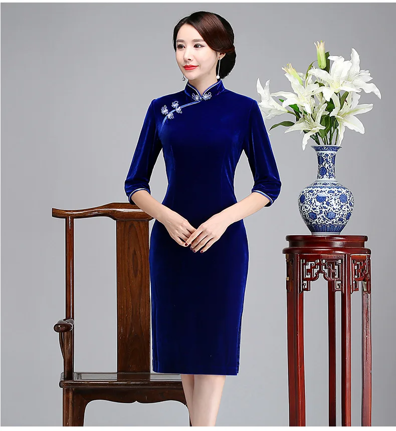 

Velour Half Sleeve Cheongsam Plus Size Velvet Female Qipao Vintage Classic Mandarin Collar Chinese Dress Autumn Winter Vestidos