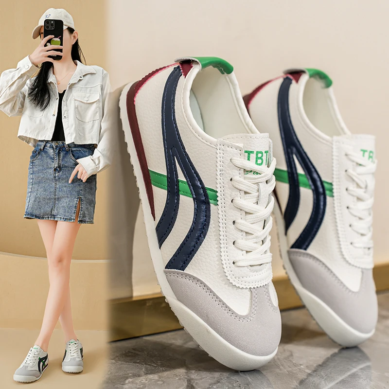 New Leather Women's White Casual Woman Vulcanize Sneakers Breathable Sport Walking Running Platform Flats Shoes Size 35-40