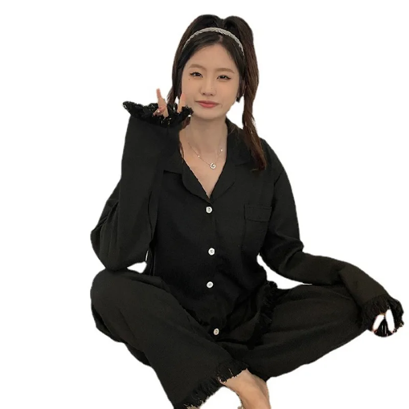 Women 2 Pieces Pajamas Sets 100% Cotton Pijama Solid Female Pyjama Sleepwear Long Sleeve Shirt Pants Suit Homewear Loungewear