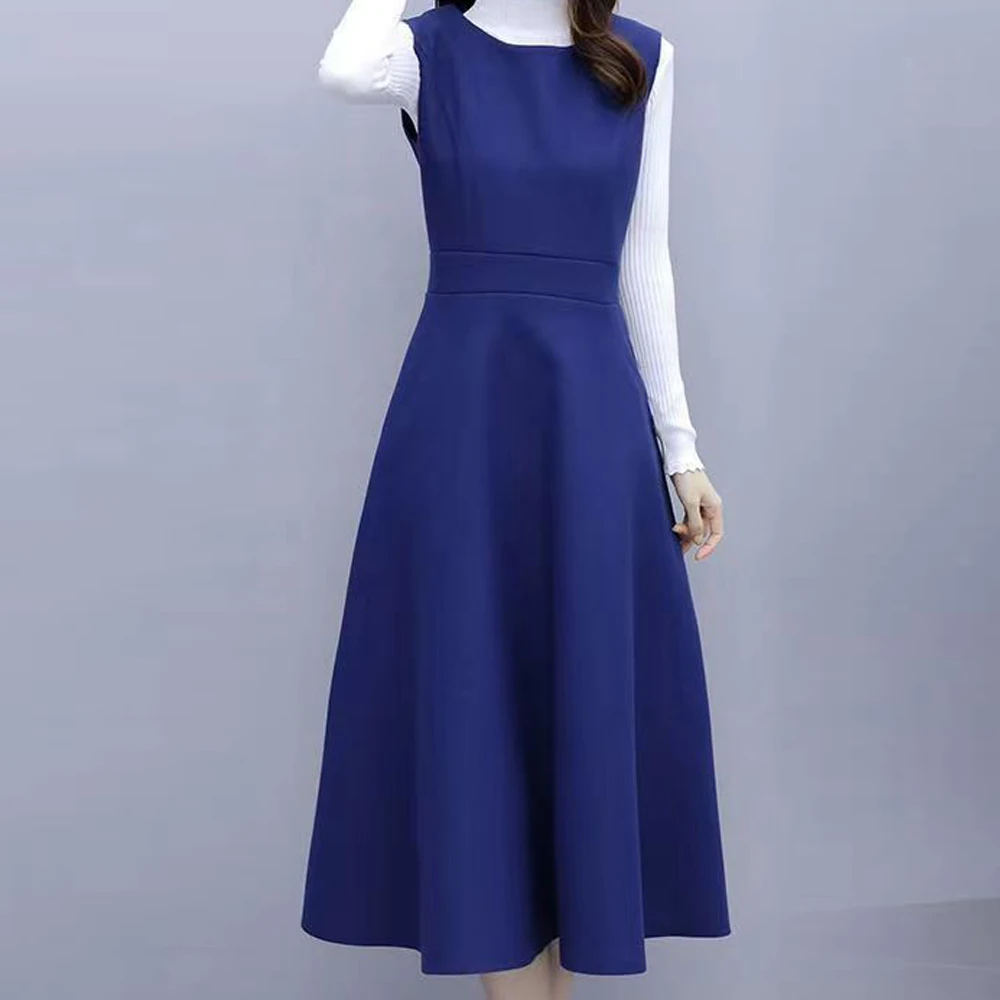 

FariyShely Sweater Blue Solid Dress Vest Suit Women 2023 Winter Warm Kniit Woolen Dress Elegant Two PCS Dress Set