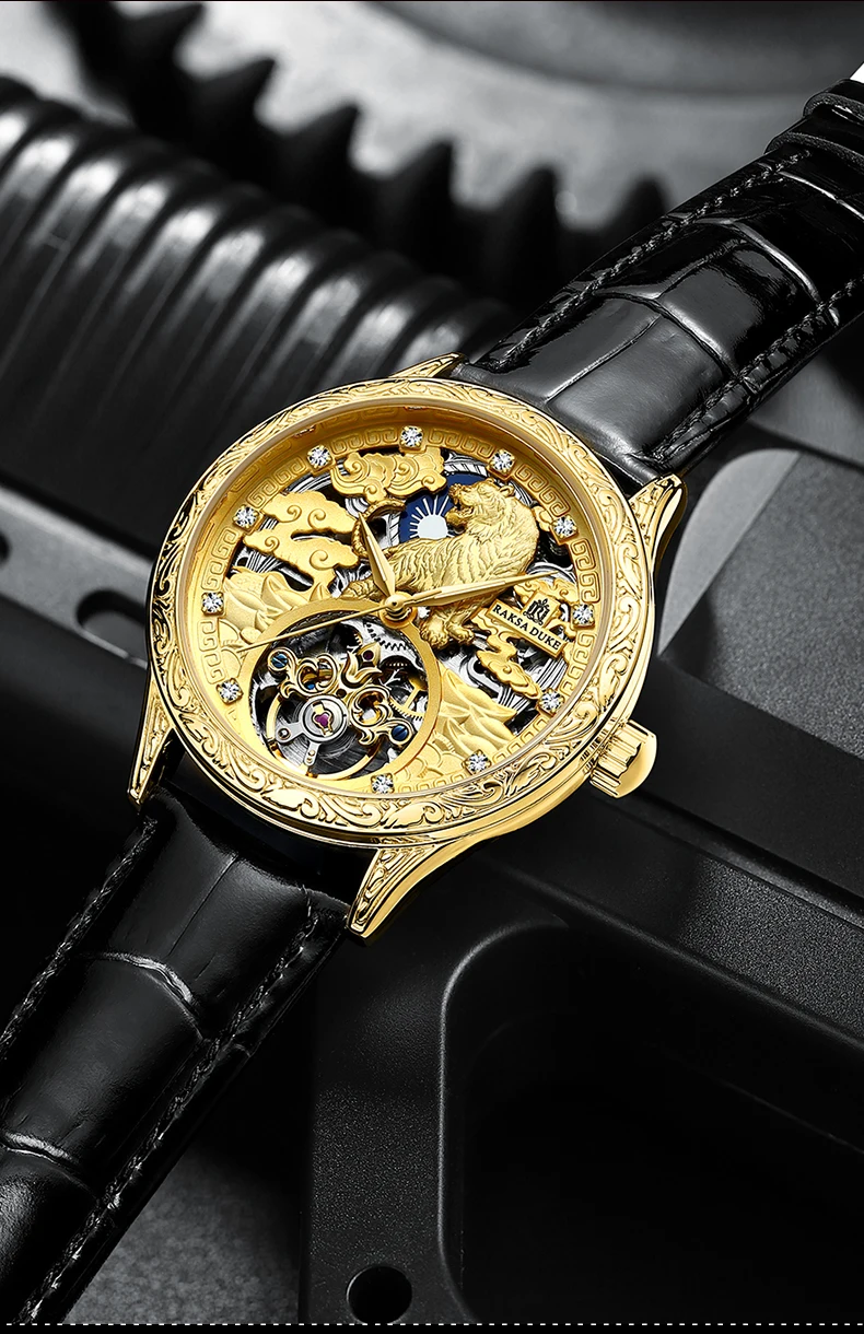 Gold Tiger Watch for Men RAKSA DUKE T901 Automatic Watch Luminous Hands Men Mechanical Wristwatches Moon Phase Male Hour Clock