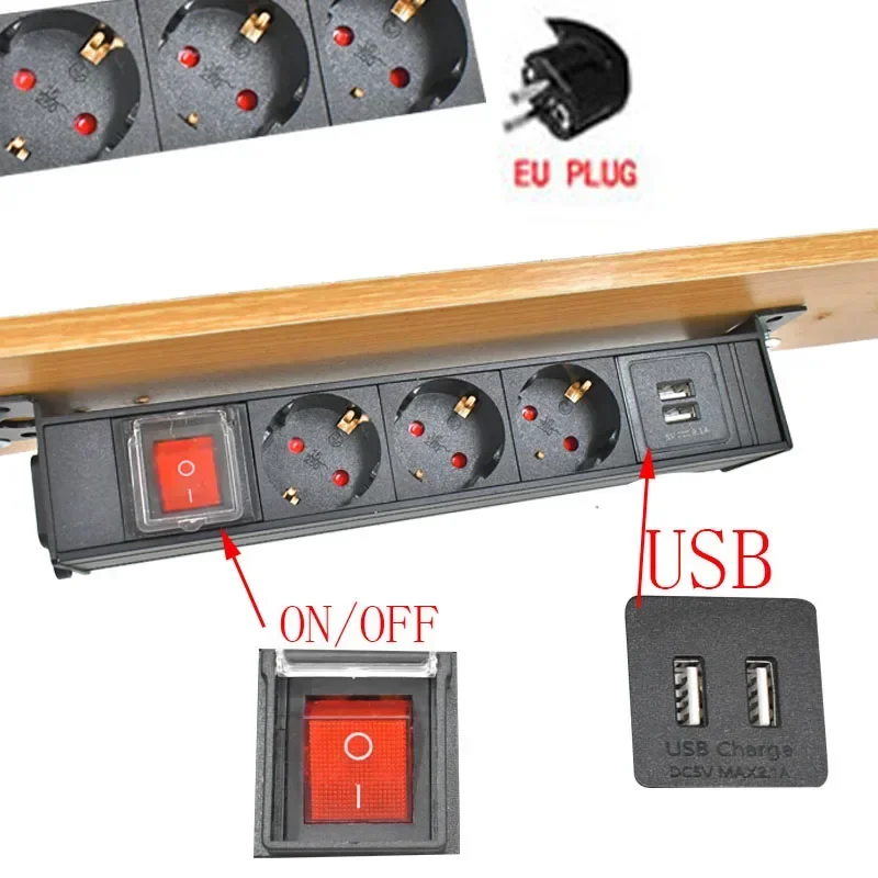 Tomadas Elétricas do Poder do Quadro de Alumínio Desktop do Soquete da Tabela 18ac Unidade da Distribuição do Poder do Pdu com Usb Armário da Cozinha do Escritório