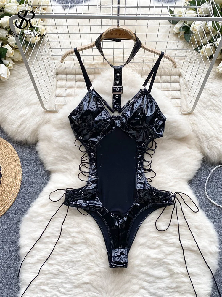 SINGREINY PU Leather Sensual Halter Camis Romper Drawstring Lace-Up Skinny Playsuit Female Open crotch Erotic Lingerie_voghion.com