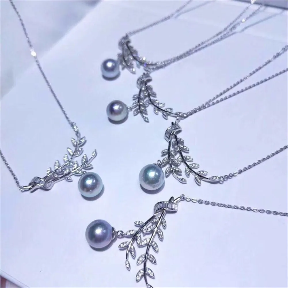 

DIY Pearl Accessories S925 Silver Set Chain Empty Tray Fashion Pendant with Silver Chain Fit 8-11mm Round Oval Beads L151