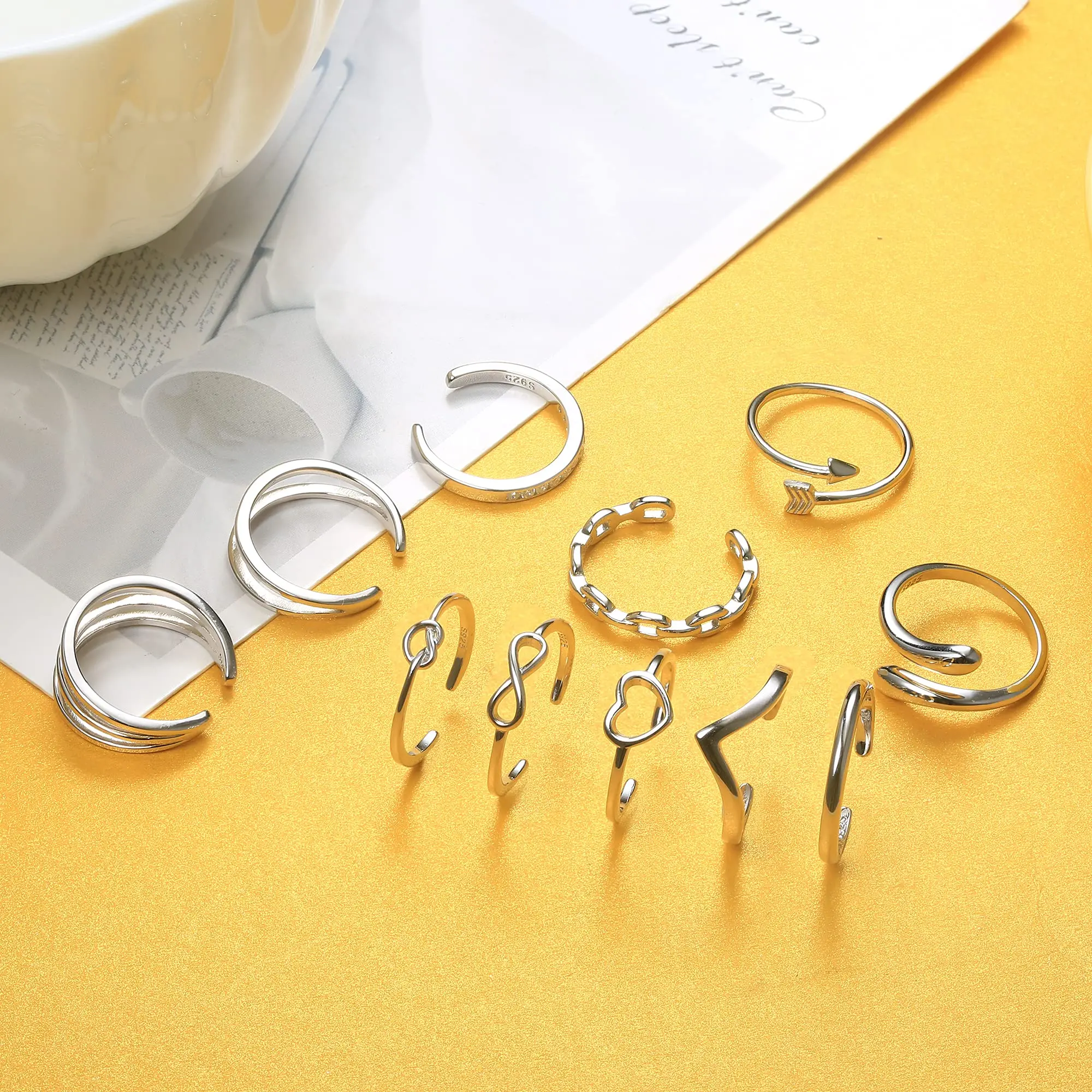 Toe Rings 925 Sterling Silver Heart Shape Adjustable for Women