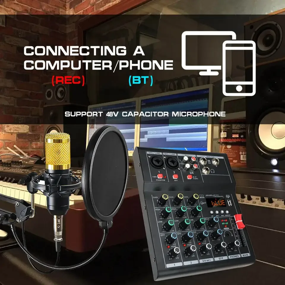 4 6 channels Audio mixer DJ karaoke Mixing Console USB Interface Sound Card BT 48V PC MP3 DJ Recording audio mixer audio interface