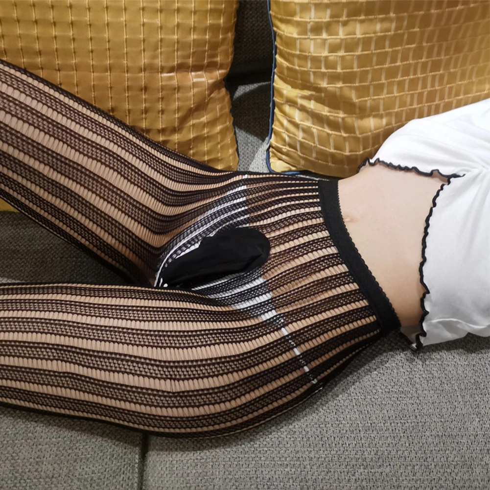 

Sexy Man Stockings Fishnet Stripe Jacquard Men And Women Transparent Stocking Plus Size U Convex Pouch Pantyhose Underwear