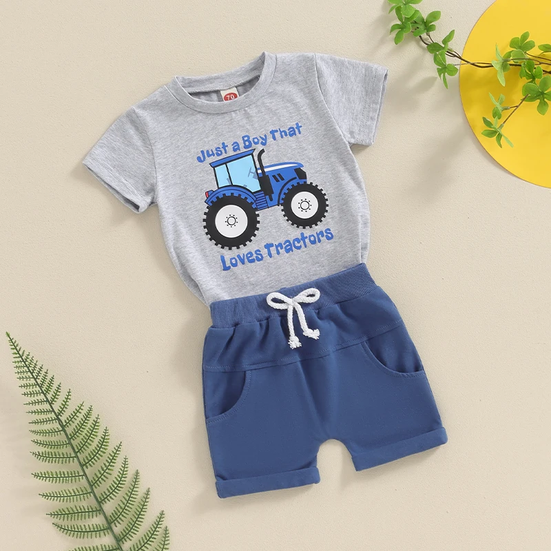FOCUSNORM 0-4Y Toddler Little Boys Summer Clothes Sets 2pcs Tractor Letter Print Short Sleeve Tops Elastic Waist Shorts