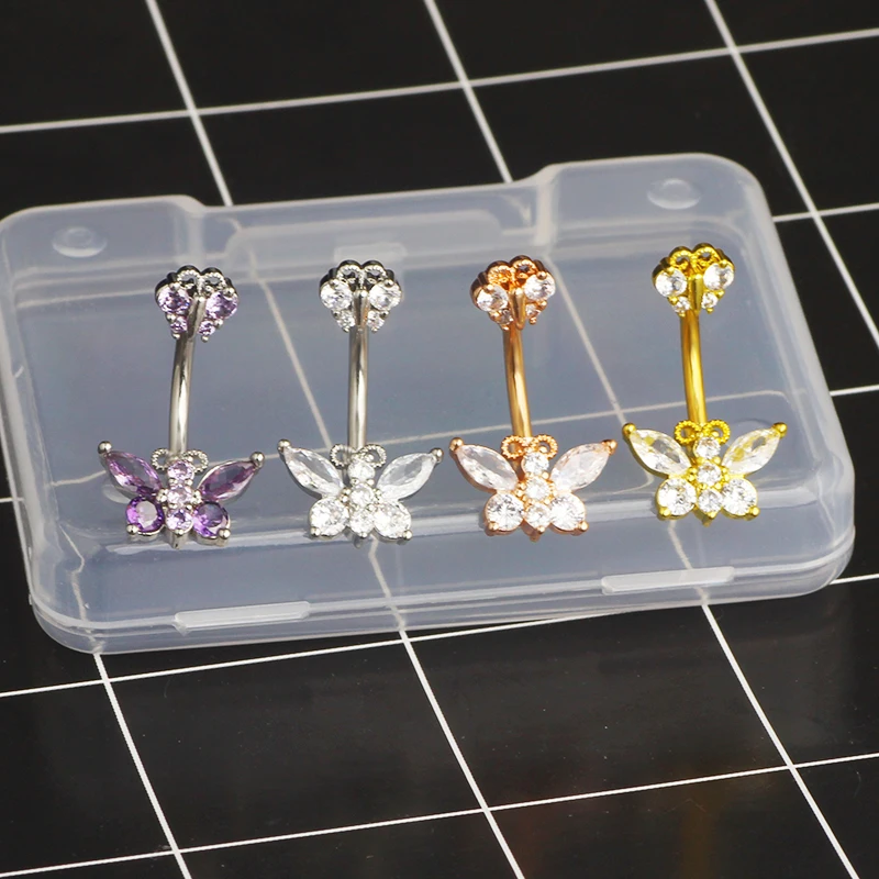 Surgical Steel Crystal Zircon Flower butterfly Purpel Clear Pendant Belly Button Piercing Ring Belly Button Ring Body Jewelry wh