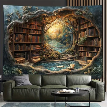 📚🌲 3D Magic Forest Bookshelf Tapestry – Enchanted Wall Hanging for Home & Office 1