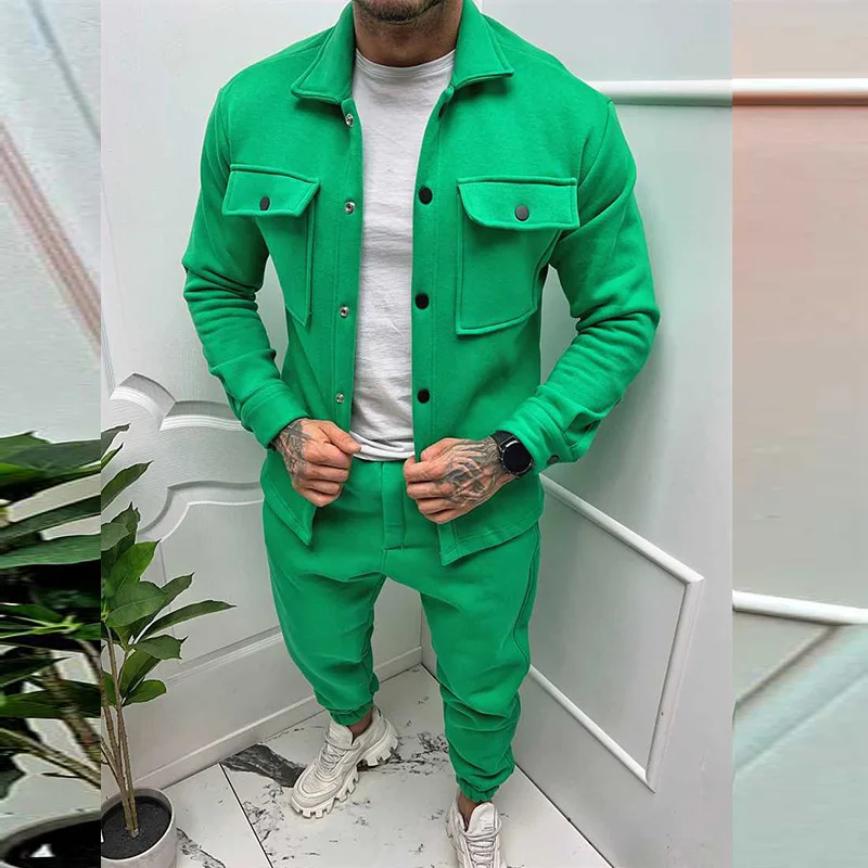Autumn and Winter New Men's Casual Set Outdoor Multi Pocket Solid Color Thickened Fashion Coat Top Pants Two Piece Set