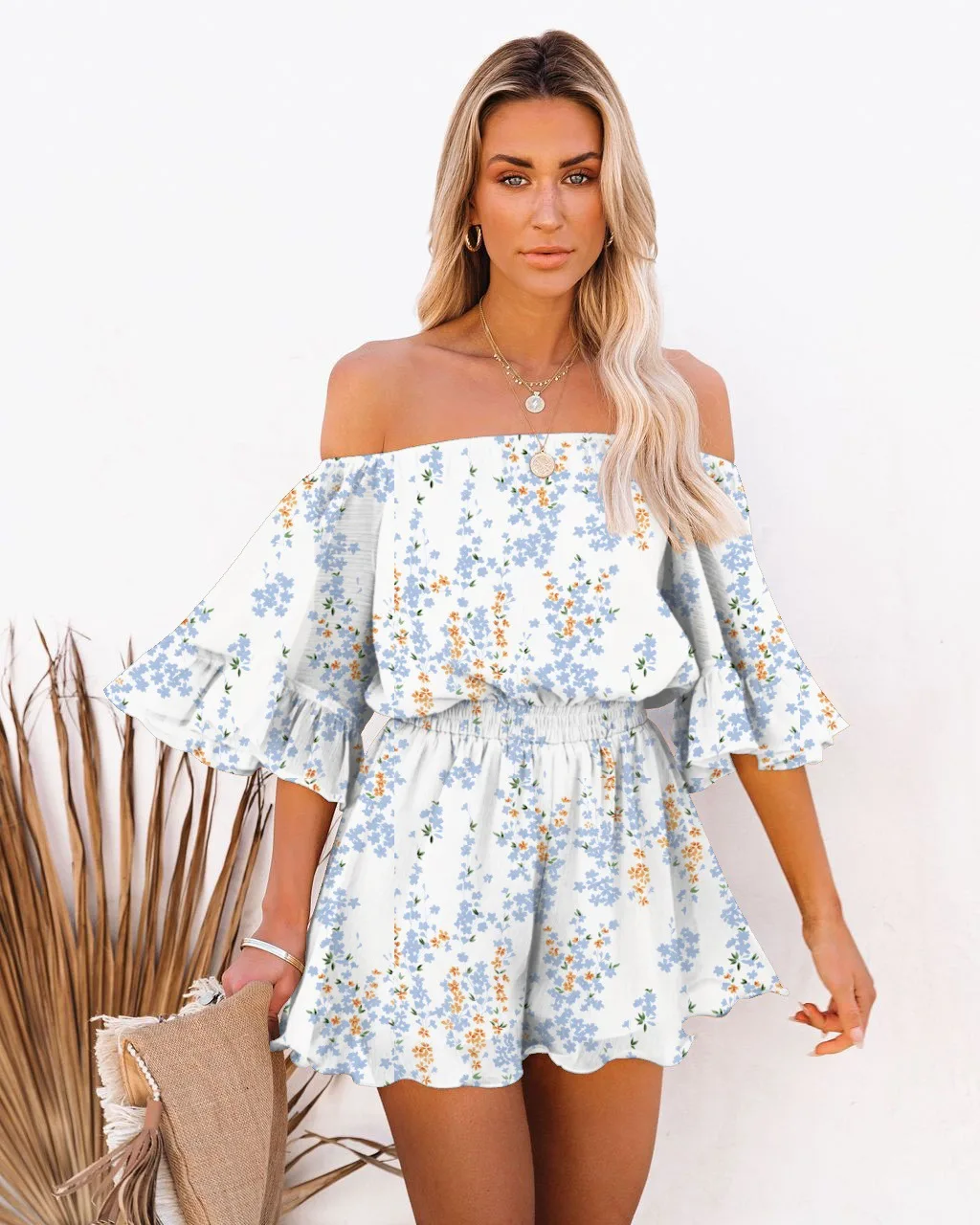 Sexy Slant Neck Off Shoulder Rompers Seaside Holiday Print Mini Jumpsuit Summer Flared Half Sleeve Waisted Shorts Playsuits 2023
