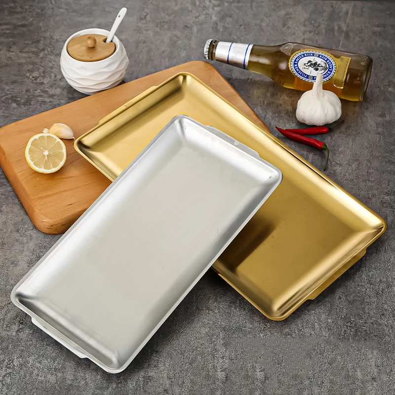 304 Stainless Steel Plate Rectangular Plate Golden Tray Craft Decoration Steak Barbecue Snack Tray Kitchen Accessories rectangular stainless steel tray