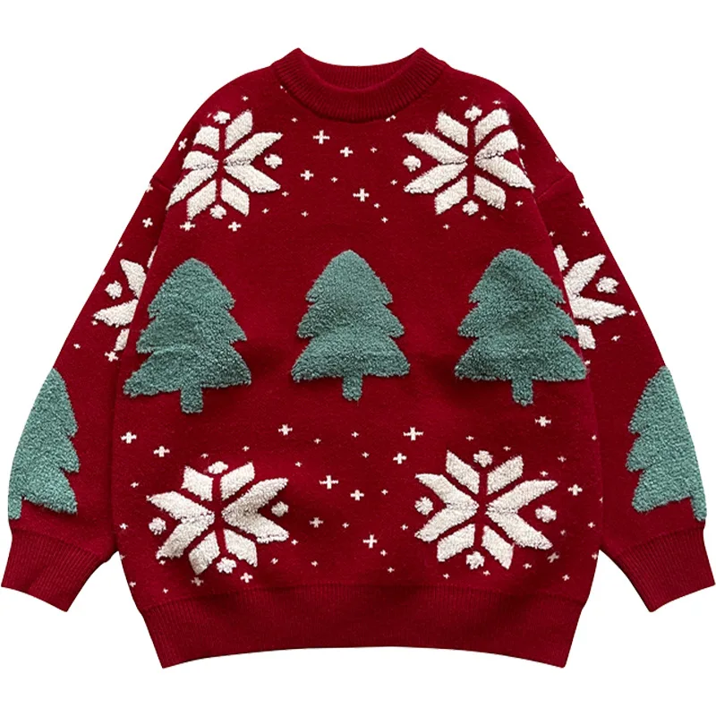 Y2K Men Christmas Tree Couple Street Sweater Woman Snowflake Sweatshirt Autumn Winter Unisex Man Casual Knitwear Pullover Shirts