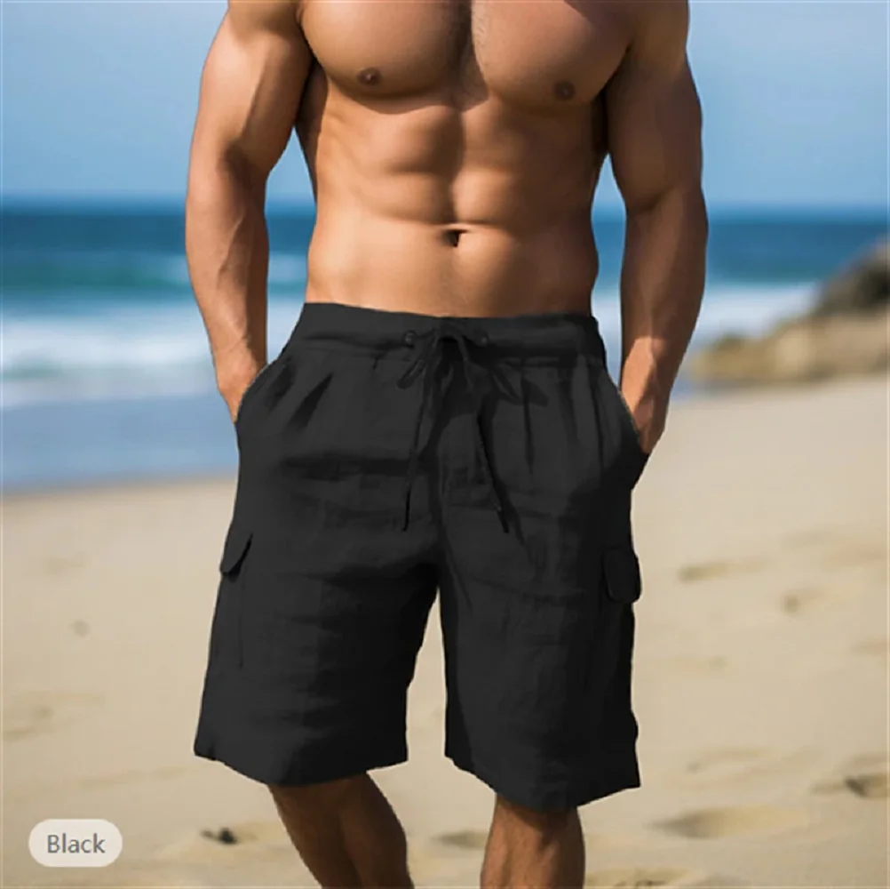 Summer Cotton And Hemp Shorts Draw Rope Elastic Waist Straight Leg Solid Color Breathable Daily Beach Five Minute Casual Medium 3