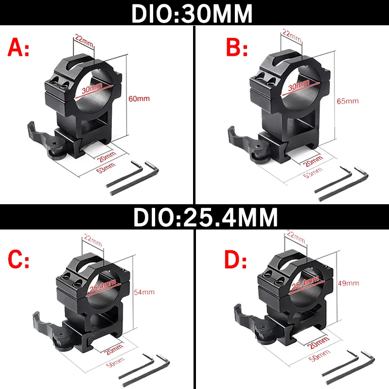 30MM/25.4MM Tactical Quick Release Scope Ring for 20mm Weaver/Picatinny Rail Adjustable Height Optical Riflescope Sight Mount 6