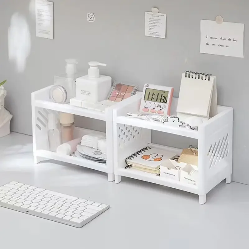 Storage Racks 1PC PP Desktop Double Layer Storage Rack Rectangular White Organizing Student Desk Office Cosmetics Stationery