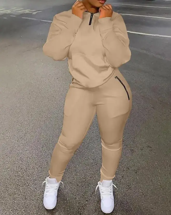

New Fashion Zipper Pocket Design Top & High Waist Pants Set Women Casual Clothing Women's Sets Autumn Two Piece Suit